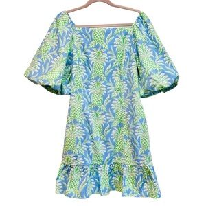 Crown & Ivy pineapple printed blue and green puff sleeve  mini dress, size 10